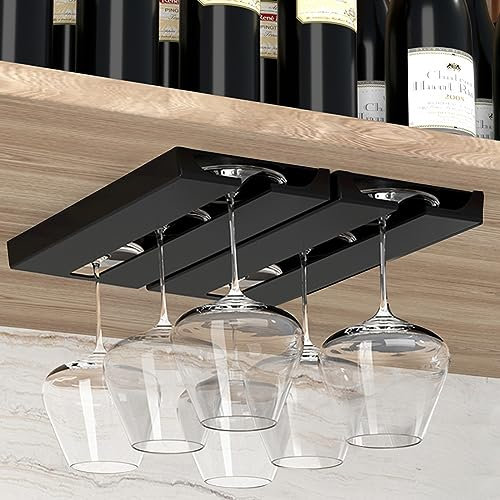 Vaisoeny Wine Glass Rack， Wine Glass Holder Under Cabinet - Under Cabinet Stemware Wine Glass Holder Glasses Storage Hanger plastic Organizer for Bar Punch-free Self-adhesive 2Pack（Black）