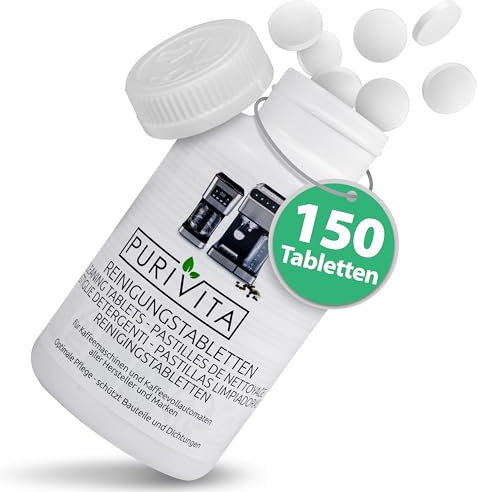 PURIVITA® Universale Pastillas de limpieza para cafeteras [150 pastillas] - Pastillas descalcificadoras para cafeteras Delonghi, Krups, Jura, Senseo, Nespresso y otras - Limpiador de cápsulas de café