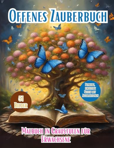 Offenes Zauberbuch. Graustufen-Malbuch Für Erwachsene: Entdecken Sie Die Zauberhafte Welt Der Magie Und Des Geheimnisses Mit Mythischen Kreaturen, ... Und Mehr! Positive Affirmationen