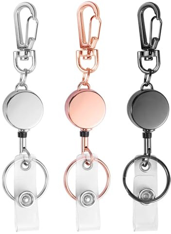 bolimoss Einziehbare Schlüsselanhänger, 3 Stück, Metall Ausweishalter mit Karabiner-Abzeichen-Clip (Silber, Roségold, Schwarz)
