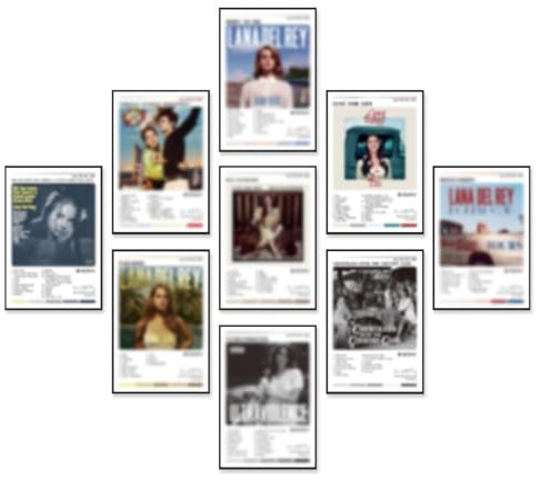 Póster de Lana Del Rey (9 piezas de 8 x 12 pulgadas) para portada de álbum, música, impresiones de papel sin marco, arte de pared, decoración de habitación, estética de Bjork