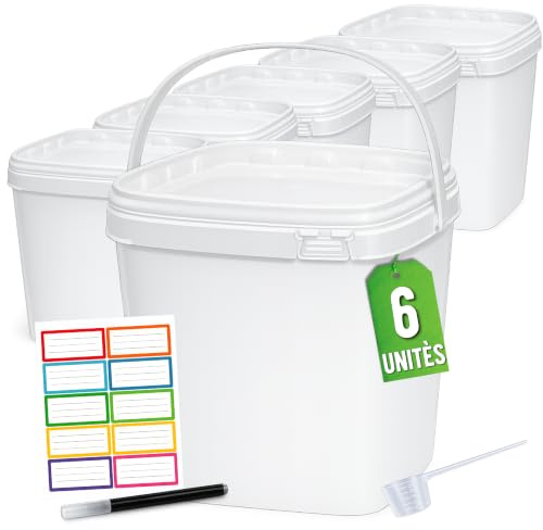 Üka Packung 6 weiße Polypropylen-Würfel mit Deckel 5,4 L - 20x20x20,5 cm. | Eimer aus Robustem Kunststoff. Luftdichte Behälter für Lebensmittel. Leere Eimer mit Henkel. Stapelbares Design Frei von BPA.