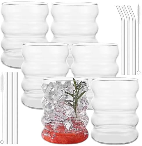 LDXDRU 6er Gläser Set 350ml Bubble Gläser mit Strohhalm und Bürsten, Wave Glas Gläser Saftgläser Getränkegläser Trinkgläser Glasbecher Wassergläser für Eiskaffee Whisky Cocktails Soda Wasser