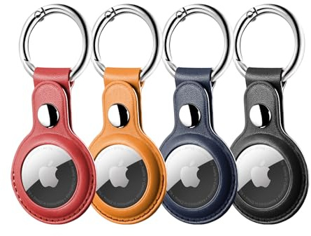 LETREEN Kompatibel med Apple AirTag hänge, 4-pack läder Airtag fodral med nyckelring, skyddsfodral för Air Tag fodral, förlust stötsäker reptålig Airtag Case hållare med nyckelring