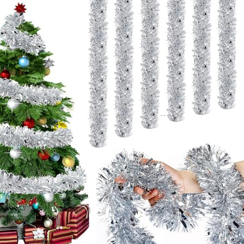 CLHXWU Guirlande Tinsel Argent 12m pour Noël, Guirlande Métallique Brillante, Ornements pour Sapin et Décoration de Fête (Argent)