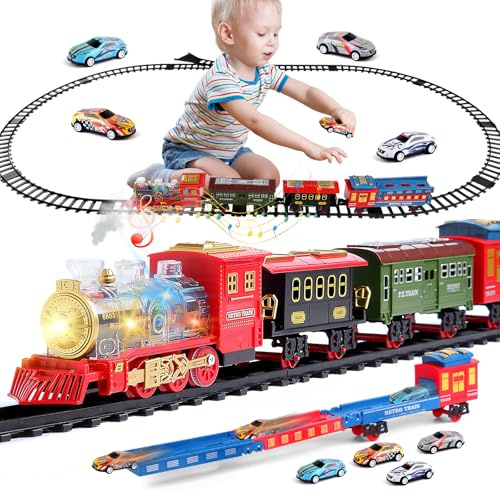 Elektrischer Zug Set für Kinder, Eisenbahn Kinder Elektrisch, Weihnachtszug Elektrisch, Dampfzug Spielzeug mit Sounds und Lights, Mobiler Drucker A4 für Unterwegs