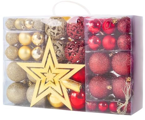 Fuyuleyo 101Pcs Christmas Baubles Ornaments Set, Red and Gold Christmas Tree Decorations, Shatterproof Xmas Tree Baubles Hanging Balls for Xmas Festive Holiday Decor