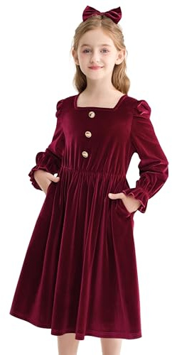 Rolanko Vestido de Terciopelo para Niñas con Bolsillos Mangas Largas Abullonadas Línea A Vestido Largo de Invierno con Lazo para el Cabello para Fiesta de Navidad y Cumpleaños