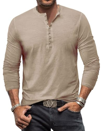 YawYews Långärmad tröja för män, henley-t-shirt för män, vardaglig bomullströja, farfarströja i vintagestil, långärmad t-shirt med knappar, storlek M-3XL