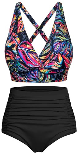 Voqeen Women's High Waisted 2 Piece Swimsuit Bikini Sets Padded Push Up Tummy Control Bathing Suits Vintage Halter Swimming Costume Beachwear Ladies Swimwear