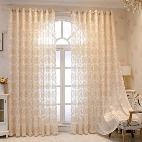 Wycian Fertiggardinen Gardinen 2er Set Beige Gelb Voile mit Floralem Muster H147 x B107 cm (2er Pack) Polyester