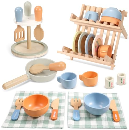 Pithfor Wooden Play Cookware Set, Pretend Play Kitchen Accessories Toys Set for Kids Toddlers, Including Play Dishes, Pan, Tableware, Utensils
