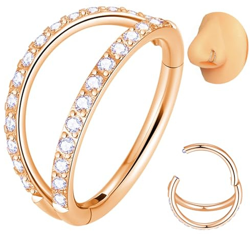 Popuhoops Aro de nariz de acero quirúrgico 316L de doble apertura con circonita cúbica, para cartílago de caracola, cartílago, daith, tragus, segmento con bisagras, piercing de fosa nasal, piercing
