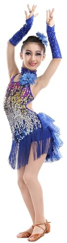 Hotfiary Vestito da Ballo Latino Delle Ragazze, Abbigliamento da Ballo per Bambini con Paillettes e Nappe, Gonna da Ballo Latino Senza Maniche con Frange e Orlo a Coda Di Rondine, Vestiti da Ballo Mod