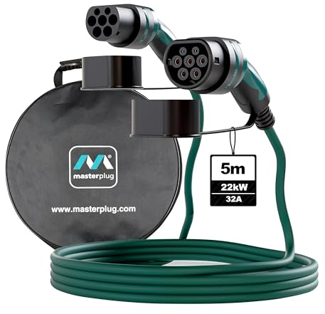 Masterplug Mode 3 EV Fast Charging Cable with Carry Case, Three Phase, Electric and Plug-in Hybrid Vehicle Car Type 2 to Type 2, 5 Metre Cable, 22kW, 32A, EVC22325TL/CASE