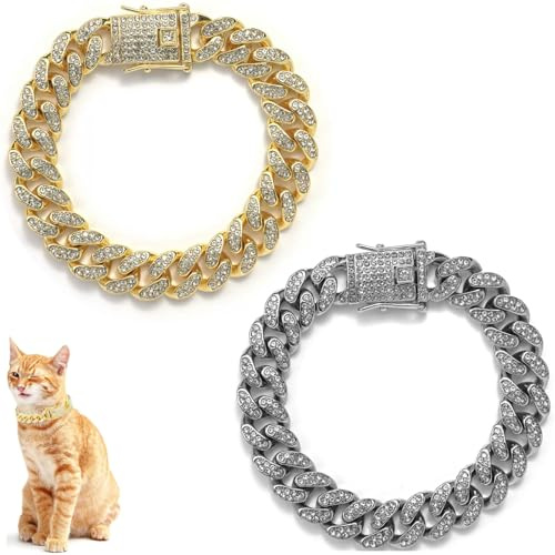 Cat Chain Collar, 2 Pcs Diamond Cuban Link Kitten Walking Collar with Secure Buckle Pet Rhinestones Necklace Metal Chain Jewelry Accessories for Cats Dogs Kittens Puppies 8inch, Gold and Slivery