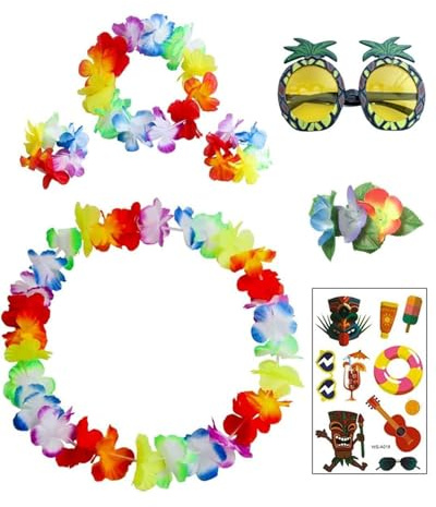 TPZORJX 7PCS hawaii outfit damen，Blumenkette Deko Leis Blumenketten hawaii Ketten Blumen Mit Halskette Stirnband Armband Haarclips Tattoo-Aufkleber Ananasgläser, Luau Blumengirlande FüR Hawaii