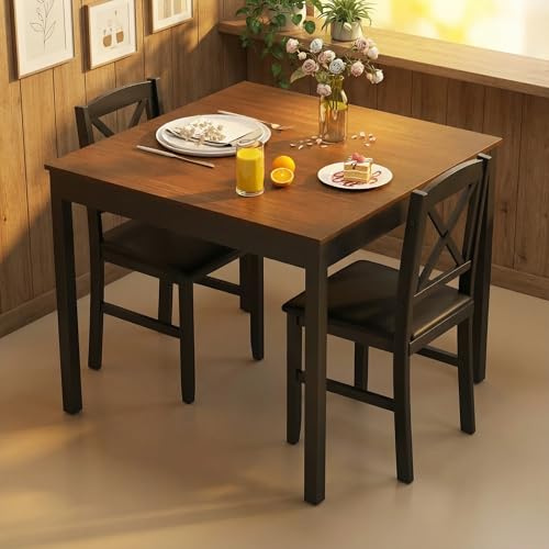 Tangkula Mid-Century Modern Dining Table Set for 2, Wooden Kitchen Table & 2 Chairs with Padded Seats, 3-Piece Compact Dining Set for Small Spaces, Kitchen, Living Room (Brown+Black)