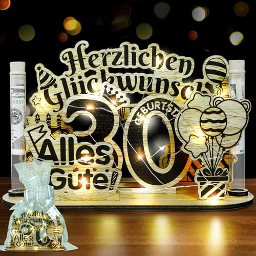 Belillpipi 30. Geburtstag Deko Holz Set – Geburtstagsdeko aus Holz mit LED Lichterkette, Geldgeschenke Geburtstag Alles Gute Schild für Frauen & Männer – Geschenkidee zum 30 Geburtstag