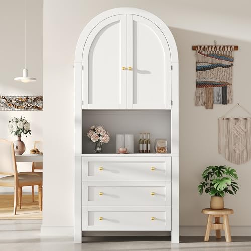 Jaxenor Küchenschrank mit Goldene Griffe, Buffetschrank mit Schubladen und Türen, Küchenhochschrank, Geschirrschrank für Küche und Wohnzimmer, Weiße Bogenregale mit Offenem Ausstellungsbereich, Weiß