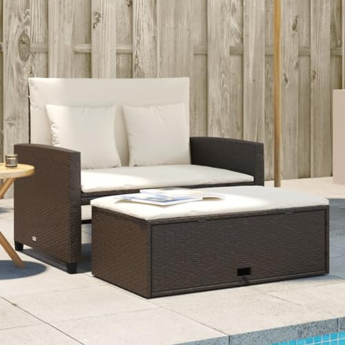 Festnight Gartensofa Ausziehbar mit Liegefunktion Stauraum Balkon Sofa Liege Rattan Sofa 2 Sitzer Hocker Balkonsofa mit Schlaffunktion Rattansofa Balkonmöbel Kleiner Balkon Couch Wetterfest