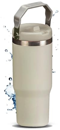 Tumbler with Handle Stainless Steel Insulated Water Bottle Flip Straw Tumbler Insulated Coffee Water Bottle Thermal for Cold Hot Coffee Drinking Cup Double Wall Vacuum Insulated Travel Mug (Cream)