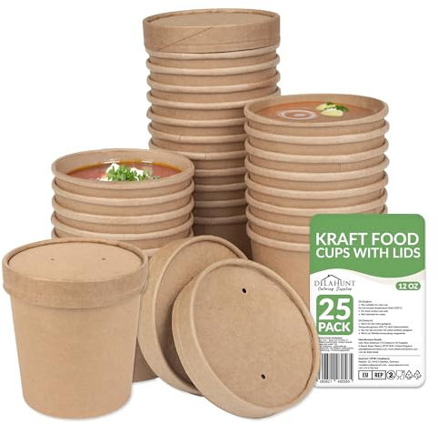 12oz (350ml) Kraft Soup Containers with Lids [25 Pack] - Leakproof Disposable Food Pots | Compostable Freezer & Microwave Safe Takeaway Containers, Soup Cups, Ice Cream Tubs for Hot Food & Desserts