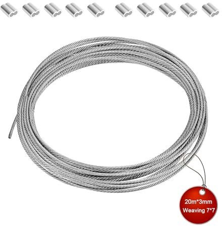 HERKINDNESS 20m 3mm Stainless Steel Wire Rope Cable Kit with 7x7 Strand Core, Vinyl Coated Garden Rope with Thimble 10Pcs, for Picture Hanging, Fencing, Clotheslines, Lights & DIY Projects