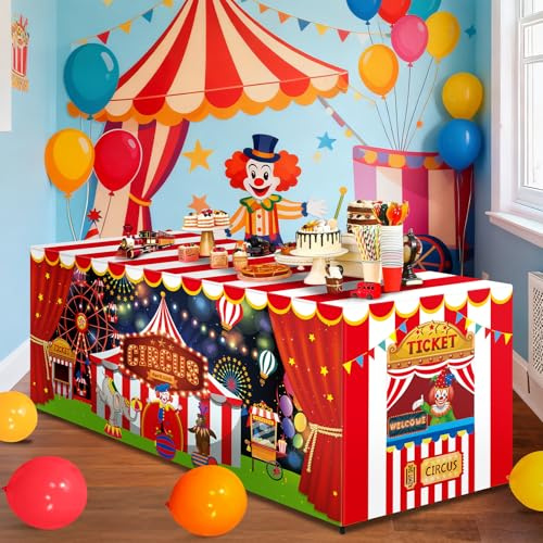 6 FT Carnival Party Table Cover for Kids Circus Tablecloth Carnival Washable Fabric Polyester Rectangle Table Cover Decor Circus Activity Gift for Night Halloween Birthday Movie Party Supply
