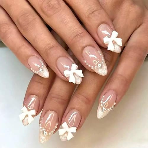 Almond False Nails, 24-Piece Nude Pink French Tips with 3D Bow Details | Glossy Finish, Curved Line Patterns, Silver-Toned and Pearl-Like Accents, for Home Manicures and Social Occasions