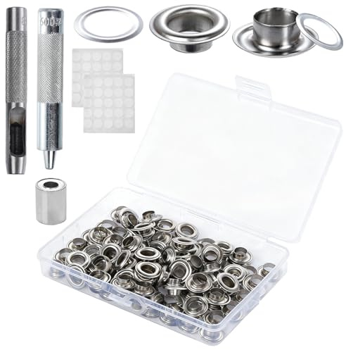 Qwrqwr 150 juegos de herramientas para ojales y parches termoadhesivos con ojales de metal con anillos de refuerzo para manualidades, zapatos de cuero, bolsos, ropa, tela artesanal