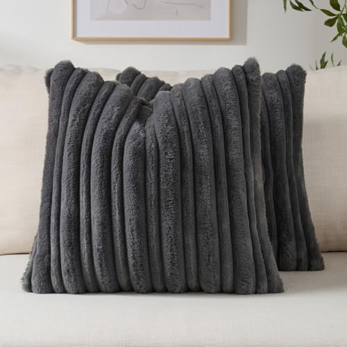 FUTEI Set of 2 Fluffy Faux Fur 45x45 cm Cushion Covers Double Sided Soft Plush Striped Textured Scatter Pillow Covers 45 x 45 cm Modern Accent for Sofa Bed Living Room, Charcoal