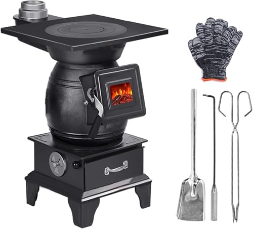 Wood Burning Stoves, Cast Iron Indoor Heater with Glass Viewing Window, Smokeless Cooker for Indoor Heating, Daily Cooking and BBQs