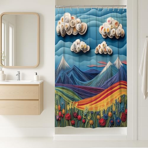 Spring Mountain Tree Stall Shower Curtain Set, Quilling Paper Nature Landscape Shower Curtain, Cool Scenery Bathroom Accessory, Print Polyester Fabric Decor 36x72 Inch
