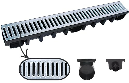 Megaa store 1m Entwässerungsrinne 98 mm – Komplettset A15 Kunststoffrinne Schwarz/Grau/Verzinkt Verschiedene Rostmuster Drainagerinne Bodenrinne (1 Meter, Stahlrost VERZINKT)