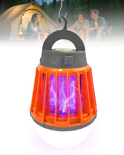 LED Campinglampe Mückenlampe 2-in-1, Wiederaufladbare USB Mückenvernichter Lampe mit 2000mAh Akku, IPX6 Wasserdicht, 3 Stufen Dimmbar, Klappbarer Haken für Camping Garten Notfall