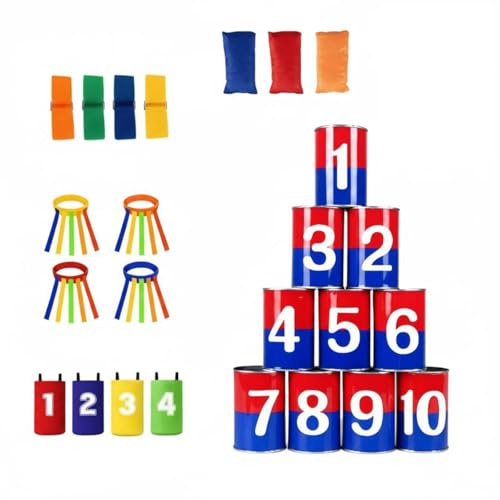 predolo Dosenwerfen mit Sandsäcken Robustes Metallmaterial Dosenwerfen Spielset lustige Monstergesichter Büchsenwerfen mit Wurfsäckchen für Familien, Garten, Rot-Blau Doppelseitiges Vierer-Set