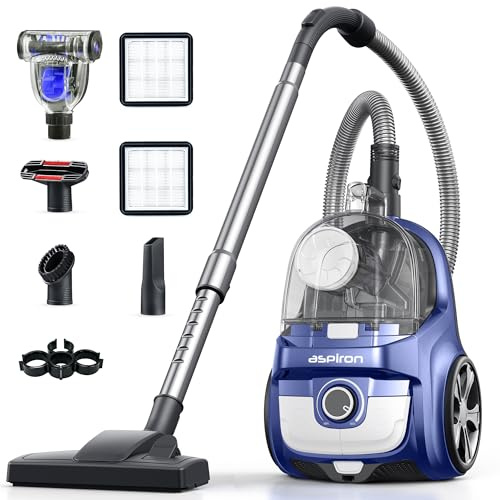 Aspiron Aspiradora de recipiente, aspiradoras sin bolsa de 40 Kpa, taza de polvo grande de 4 cuartos de galón, filtro HEPA doble, cable retráctil, aspiradora ligera de 1600 W con 5 herramientas para