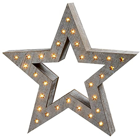 hellum LED Stern mit timer, Holzstern weiß gebeizt, 30 warm-weiße LED, Ø 36cm, batteriebetrieben (3xAA, nicht inkl.!), Deko Wintergarten, Wohnzimmer, Fensterdeko, Weihnachten, Winter für innen 522112