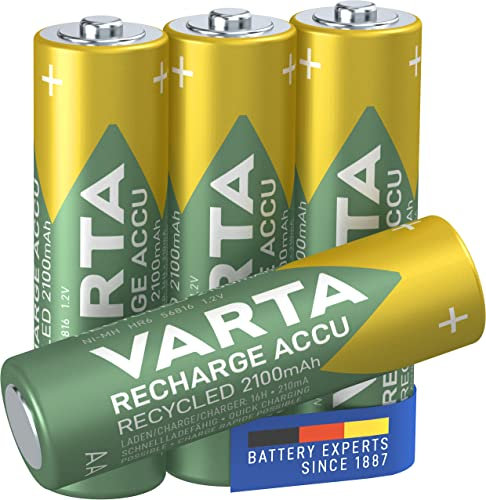 VARTA Piles rechargeables AA, lot de 4, Recharge Accu Recycled, 2100 mAh Ni-MH, fabriquées avec 21% de matériaux recyclés, préchargées, prêtes à l'emploi
