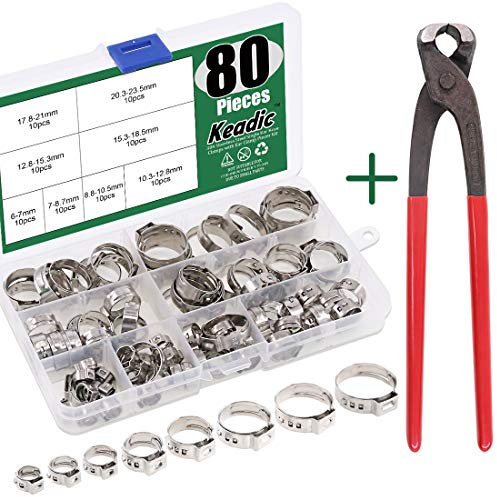 Keadic Lot de 80 colliers de serrage en acier inoxydable 304 6-23,5 mm avec pince d'oreille pour fixer les tuyaux et l'utilisation automobile