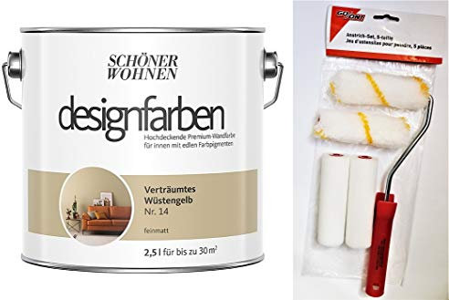 hagebauSPN designfarben feinmatte Wandfarbe für innen 2,5 Liter mit go/on Rollen-Set 5-tlg (Nr 14 Verträumtes Wüstengelb)