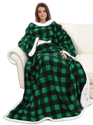 Catalonia Classy Wearable Blanket with Sleeves, Warm Sherpa Fleece TV Snuggle Blanket with Arms for Sofa Couch, Cozy Sleeved Throw Christmas Gift for Women Wife Man, 185 x 140 cm, Plaid Green