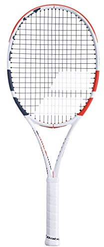 Babolat Pure Strike 100 Tennisschläger – besaitet mit 16 g weißem Babolat Syn Gut bei mittlerer Spannung (11,4 cm Griff)