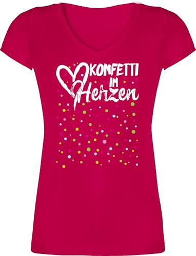 T-Shirt Damen V Ausschnitt - & Fasching - Konfetti im Herzen Karneval I - S - Fuchsia - karnevalsshirt faschingsshirt Faschings Herz Shirts karnevalsshirts Faschings-t-Shirt Karnevals Confetti Shirt