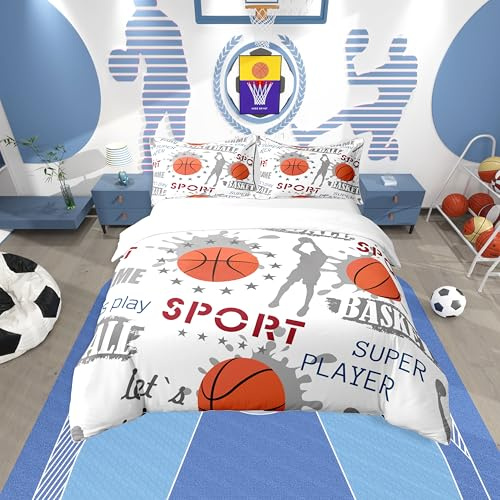 Loussiesd Jungen Basketball Betten Set Sport Thema Bettbezug Set Basketball Spieler Gedruckt Bettwäsche Set 135x200cm für Kinder Jugendliche Athlet ComHaustieritive Decor