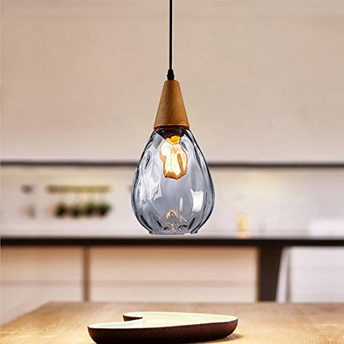 Holz Büro Pendelleuchte LED Runde Glas Schirm Hängelampe Modern Esstisch Esszimmer Lampe Kronleuchter für Studie Küche Treppe Loft Deckenbeleuchtung Warmes Licht, E27 4W(Transparent)