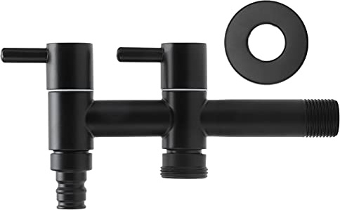Doppel Wasserhahn 1/2 Wandmontage Kaltwasserhahn Schwarz Wasserhahn aus Edelstahl für Waschmaschine Mopp Pool Garten Bad | Edelstahl, mit Doppelauslauf, für Gartenbewässerung und Waschmaschinenanschluss