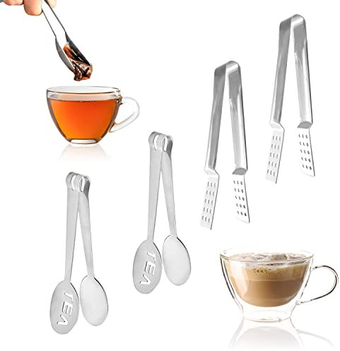 4 Stück Edelstahl Teebeutelpresse Teebeutelzange Sieb Langer Griff Teebeutelgreifer Solide und Siebteile für Teebeutel, Eiswürfel und Zuckerwürfel