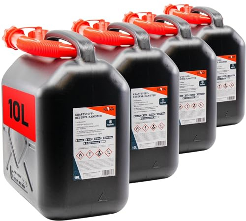 KOVA 4x Benzinkanister 10L SCHWARZ Kunststoff Dieselkanister Reservekanister Kraftstoffkanister 10 L Liter ltr Wasserkanister für Benzin Diesel Wasser AdBlue 10-Liter-Kanister Petrol Can Kanister
